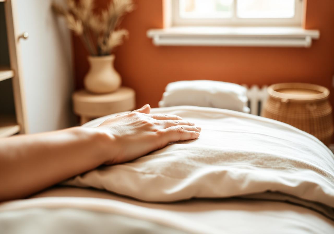 Roligt behandlingsrum med massagebriks og linned